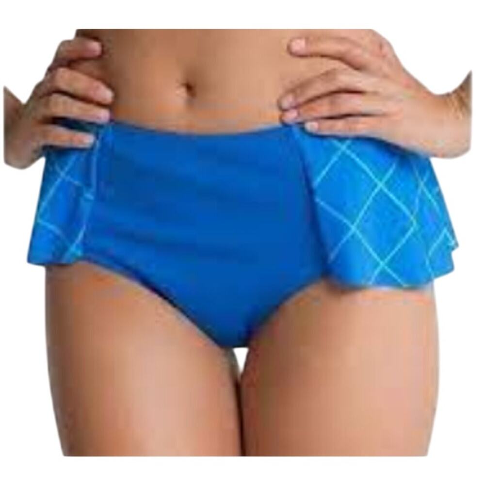 SPANX Flirty Skirted Bottom Womens 16 Electric Blue Green Ruffled Plaid Swim